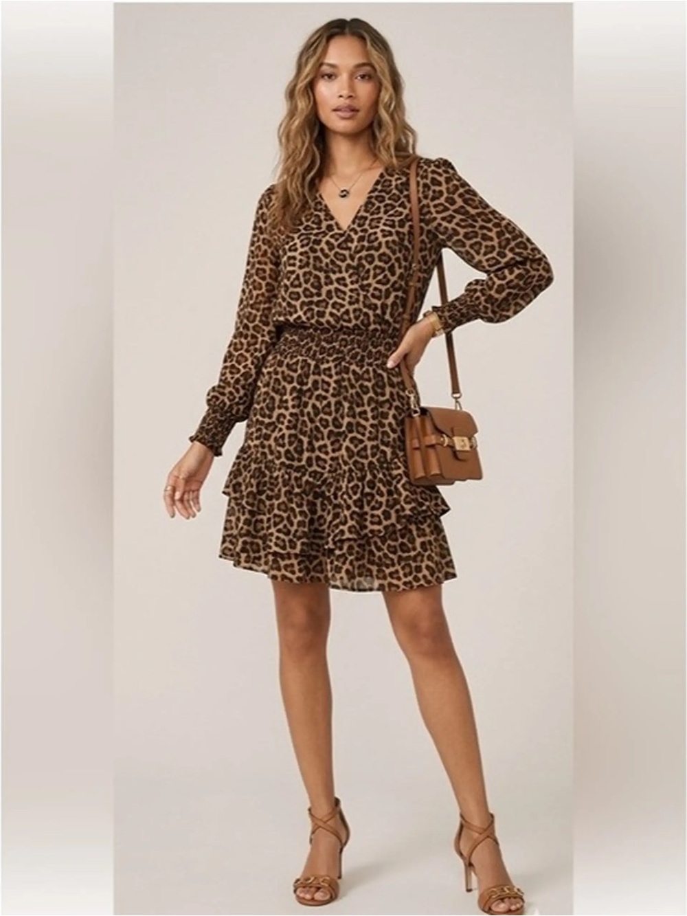 EUC Michael Kors Dark Camel Leopard Print Long  Sleeve Ruffle V - Neck Dress XS